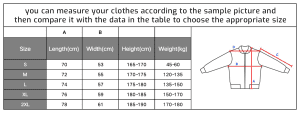 windbreaker size chart